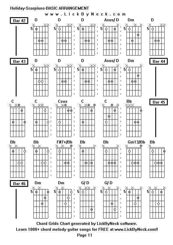 Chord Grids Chart of chord melody fingerstyle guitar song-Holiday-Scorpions-BASIC ARRANGEMENT,generated by LickByNeck software.